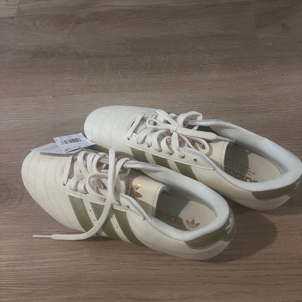 Adidas White and Olive Green Striped Shoes